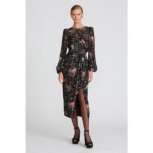 Amur Black Floral Sabine Draped Midi Dress Cocktail Faux Wrap Sz 6 NWT Romantic